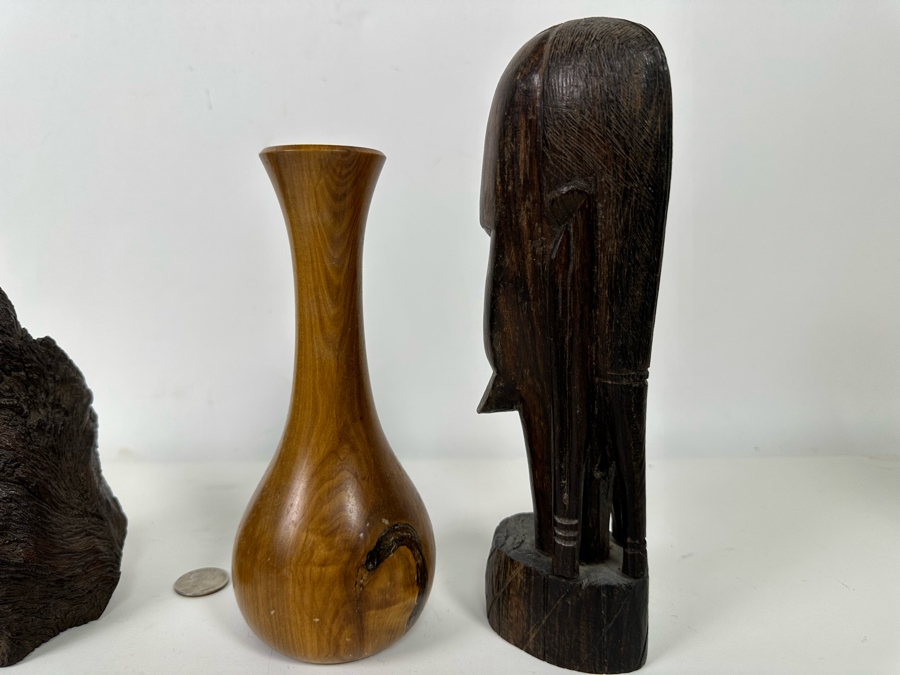 Organic Wood Sculpture 7H (L), Turned Wooden Signed Vase 7.5H (M) And Carved Wooden African Bust 9H (R)  [Photo 13]