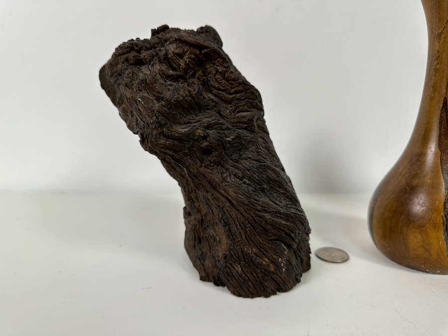 Organic Wood Sculpture 7H (L), Turned Wooden Signed Vase 7.5H (M) And Carved Wooden African Bust 9H (R)  [Photo 7]