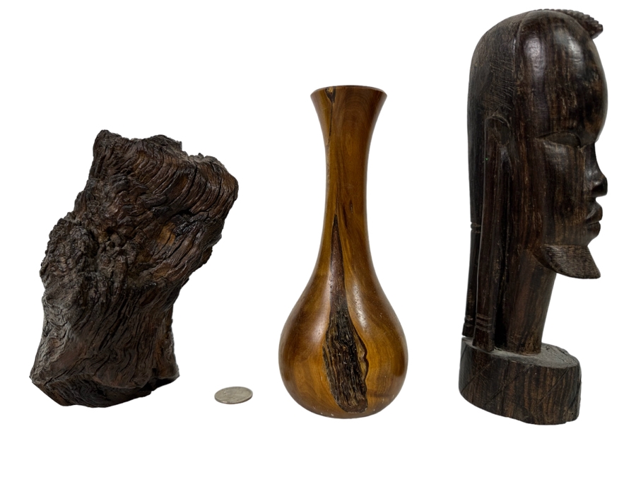 Organic Wood Sculpture 7H (L), Turned Wooden Signed Vase 7.5H (M) And Carved Wooden African Bust 9H (R)  [Photo 1]