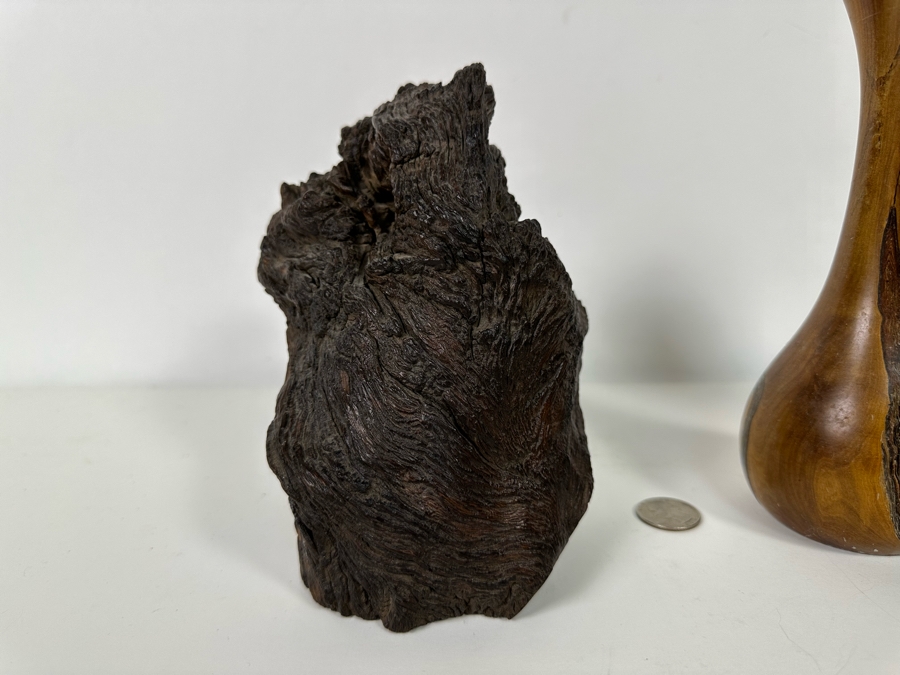 Organic Wood Sculpture 7H (L), Turned Wooden Signed Vase 7.5H (M) And Carved Wooden African Bust 9H (R)  [Photo 6]