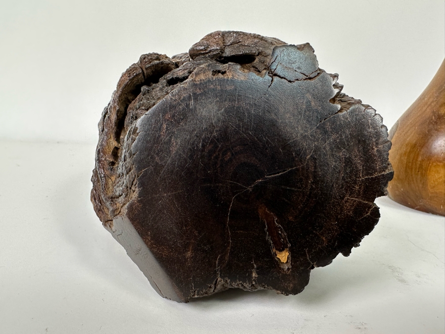 Organic Wood Sculpture 7H (L), Turned Wooden Signed Vase 7.5H (M) And Carved Wooden African Bust 9H (R)  [Photo 8]