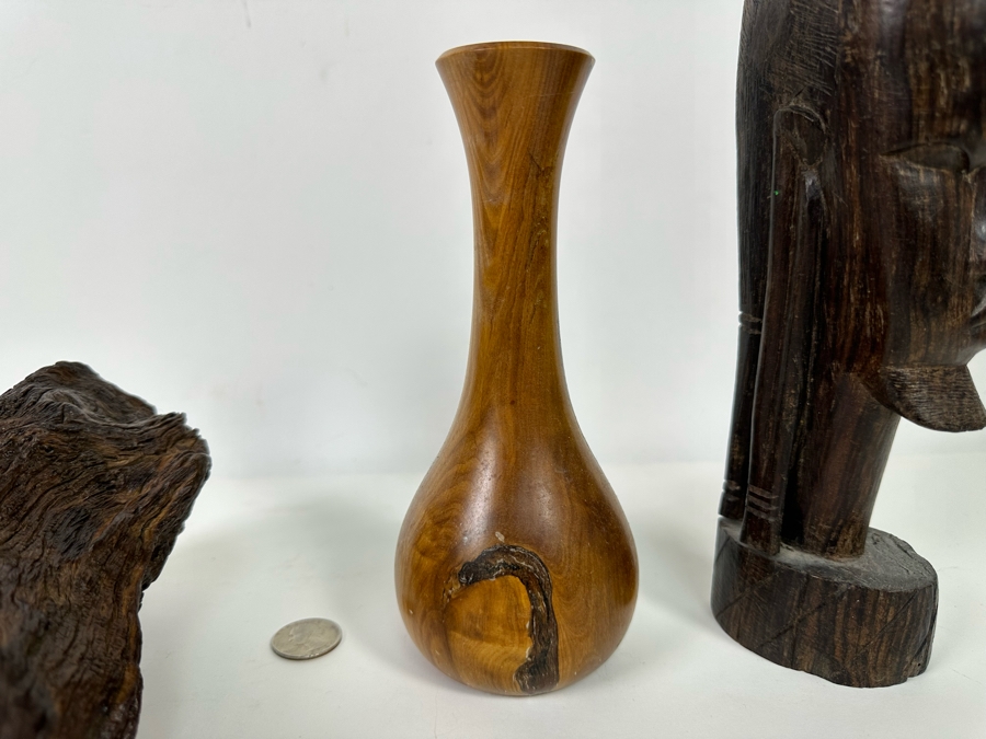 Organic Wood Sculpture 7H (L), Turned Wooden Signed Vase 7.5H (M) And Carved Wooden African Bust 9H (R)  [Photo 9]