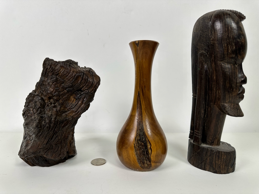 Organic Wood Sculpture 7H (L), Turned Wooden Signed Vase 7.5H (M) And Carved Wooden African Bust 9H (R)  [Photo 2]