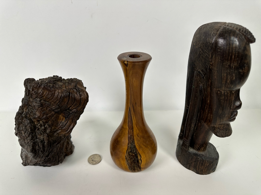 Organic Wood Sculpture 7H (L), Turned Wooden Signed Vase 7.5H (M) And Carved Wooden African Bust 9H (R)  [Photo 5]