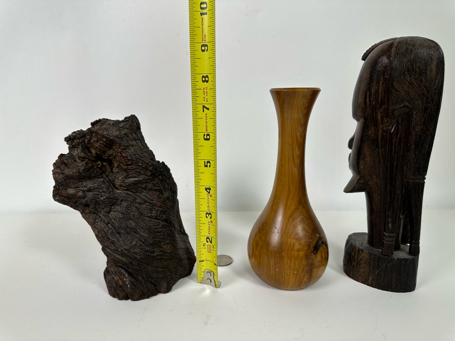 Organic Wood Sculpture 7H (L), Turned Wooden Signed Vase 7.5H (M) And Carved Wooden African Bust 9H (R)  [Photo 14]