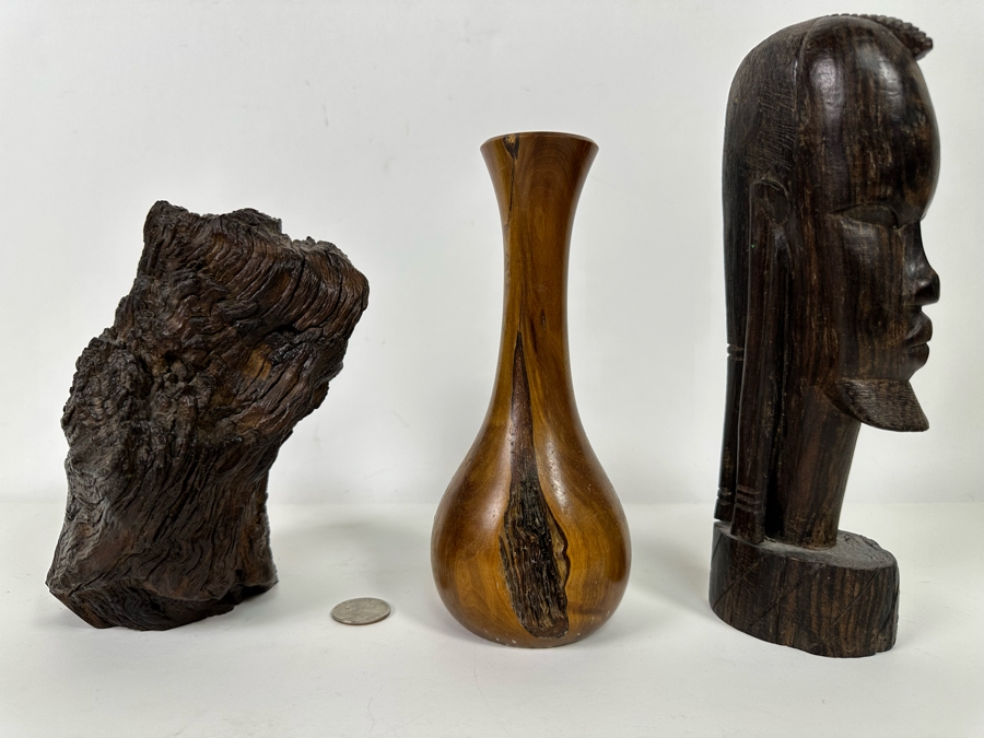 Organic Wood Sculpture 7H (L), Turned Wooden Signed Vase 7.5H (M) And Carved Wooden African Bust 9H (R)  [Photo 3]