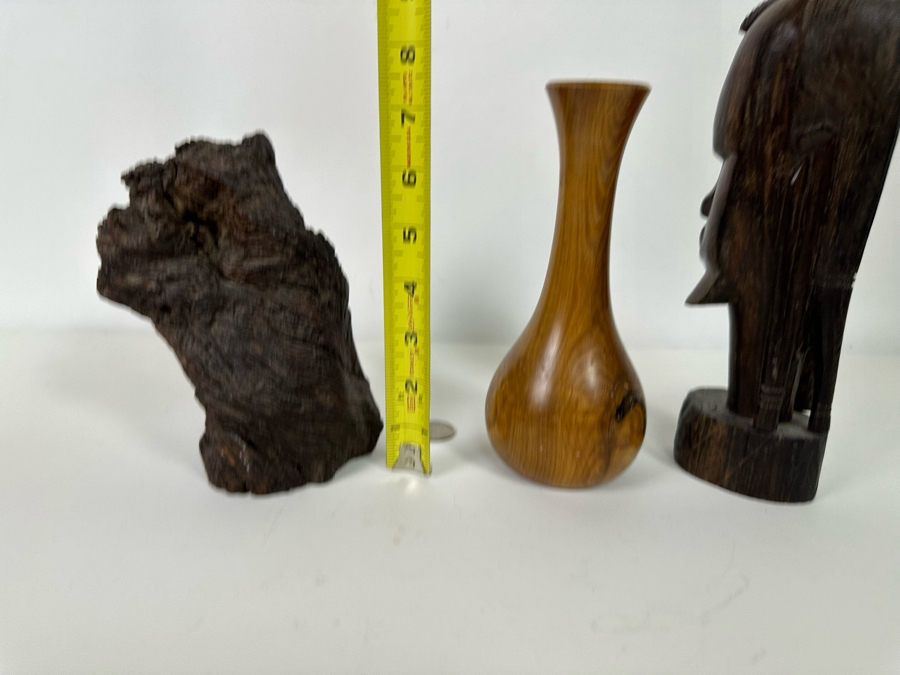 Organic Wood Sculpture 7H (L), Turned Wooden Signed Vase 7.5H (M) And Carved Wooden African Bust 9H (R)  [Photo 15]