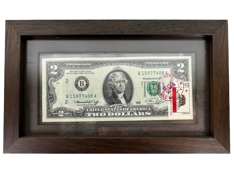 Framed 1976 2 Dollar Bill First Day Of Issue California Stamp