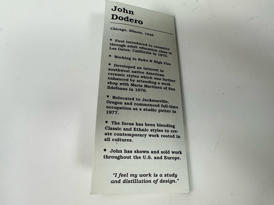 John Dodero (B. 1946, Chicago) Raku Art Pottery Urn 12W X 10H Estimate $400 [Photo 14]