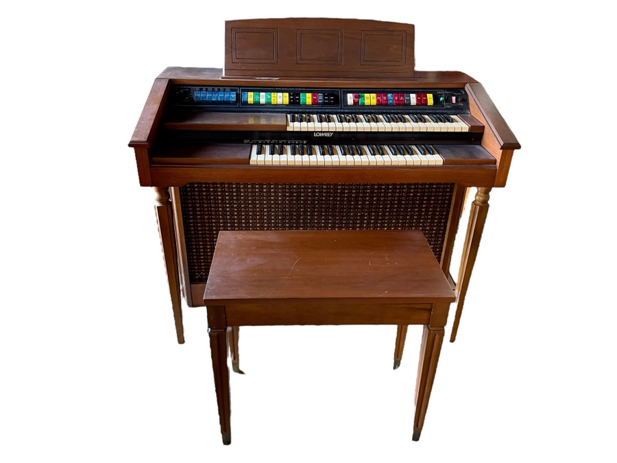 Vintage 1978 M-100 Lowrey Organ Walnut Finish With Bench, Original Receipts, Music Lesson Books And Sheet Music 46W X 24D X 36H Retails $1,500+