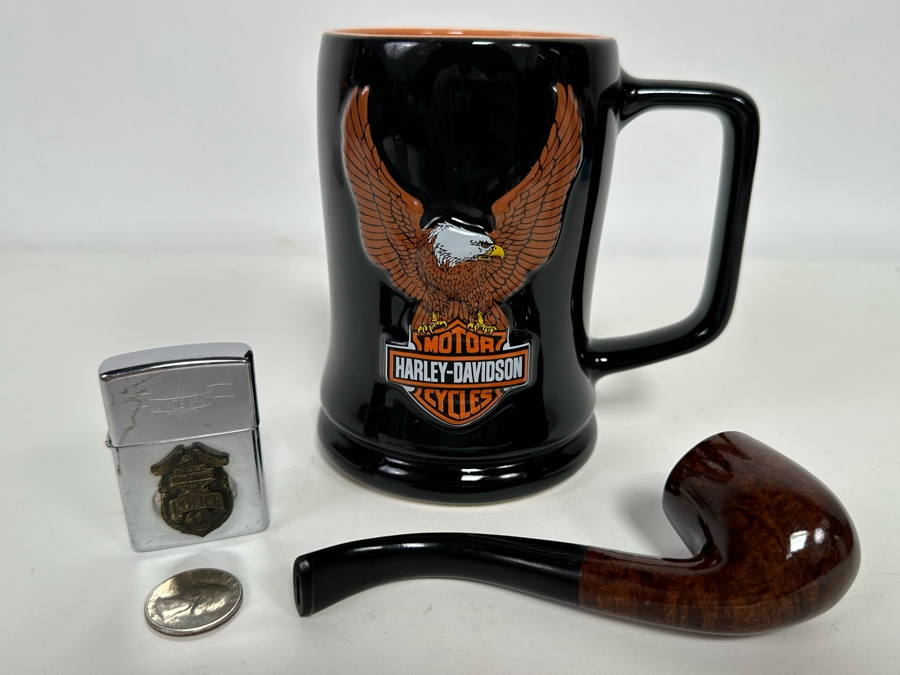 Vintage Harley-Davidson Motorcycles Polic Zippo Lighter, Wooden Smoking Pipe And Harley-Davidson Coffee Mug [Photo 2]