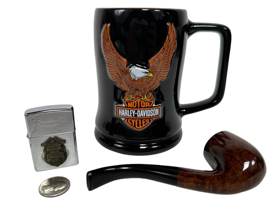 Vintage Harley-Davidson Motorcycles Polic Zippo Lighter, Wooden Smoking Pipe And Harley-Davidson Coffee Mug