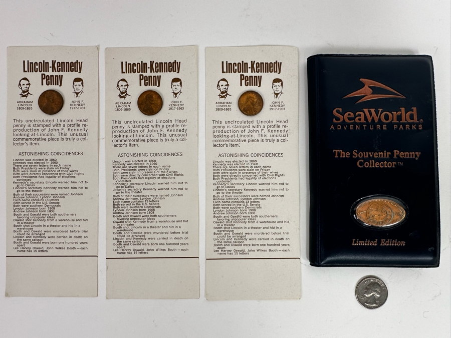 (3) Lincoln-Kennedy Pennies And Souvenir Pressed Penny Collection Of Elongated Pennies From Various Amusement Parks Including Disneyland, Knotts Berry Farm & Sea World - See Photos [Photo 3]