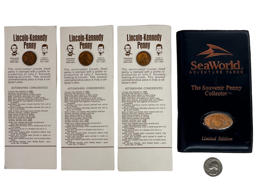 (3) Lincoln-Kennedy Pennies And Souvenir Pressed Penny Collection Of Elongated Pennies From Various Amusement Parks Including Disneyland, Knotts Berry Farm & Sea World - See Photos