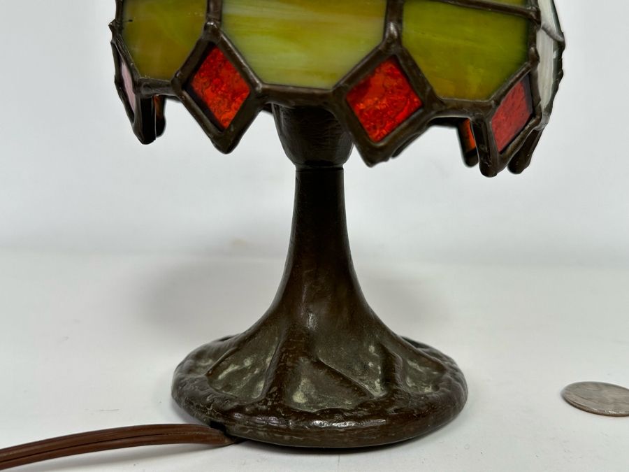 Small Signed Bronze Table Lamp With Stained Glass Shade Base Is Signed BC74 [Photo 10]