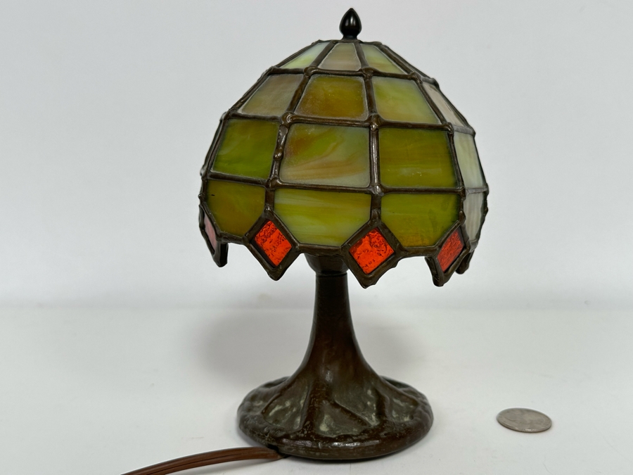 Small Signed Bronze Table Lamp With Stained Glass Shade Base Is Signed BC74 [Photo 9]