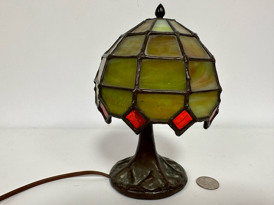 Small Signed Bronze Table Lamp With Stained Glass Shade Base Is Signed BC74 [Photo 3]