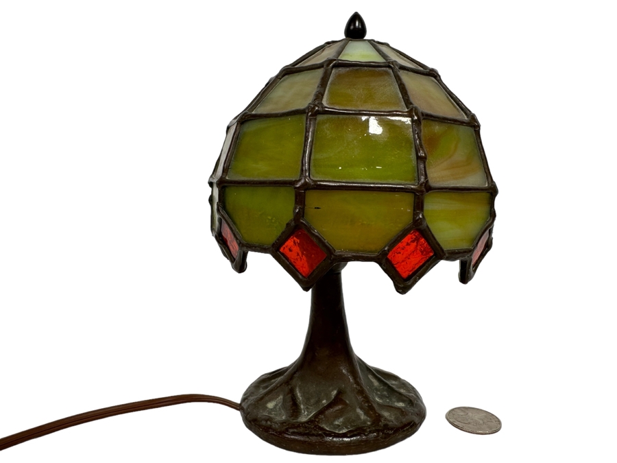 Small Signed Bronze Table Lamp With Stained Glass Shade Base Is Signed BC74