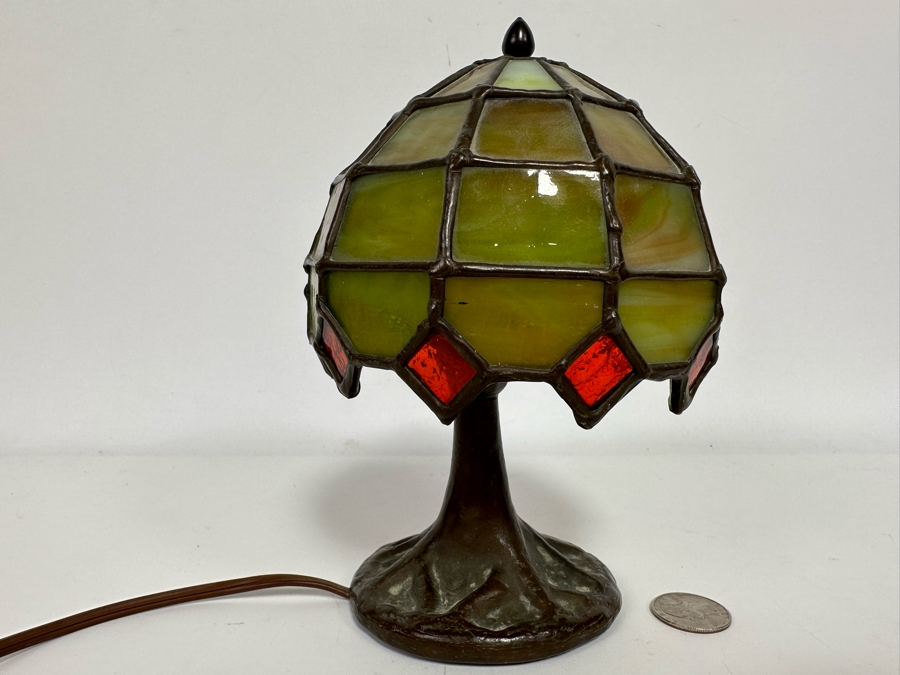 Small Signed Bronze Table Lamp With Stained Glass Shade Base Is Signed BC74 [Photo 2]