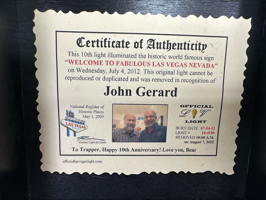 Light Bulb That Illuminated The Historic World Famous Sign 'Welcome To Fabulous Las Vegas Nevada' On Wednesday, July 4, 2012 Limited Edition 10 of 89 With Cert And Presentation Box [Photo 10]