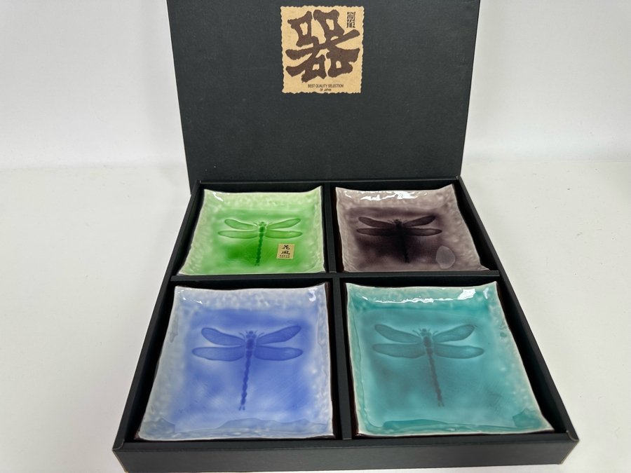 Collection Of Four Japanese Dragonfly Plates 5 X 5 With Box [Photo 2]