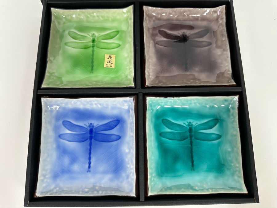 Collection Of Four Japanese Dragonfly Plates 5 X 5 With Box [Photo 4]