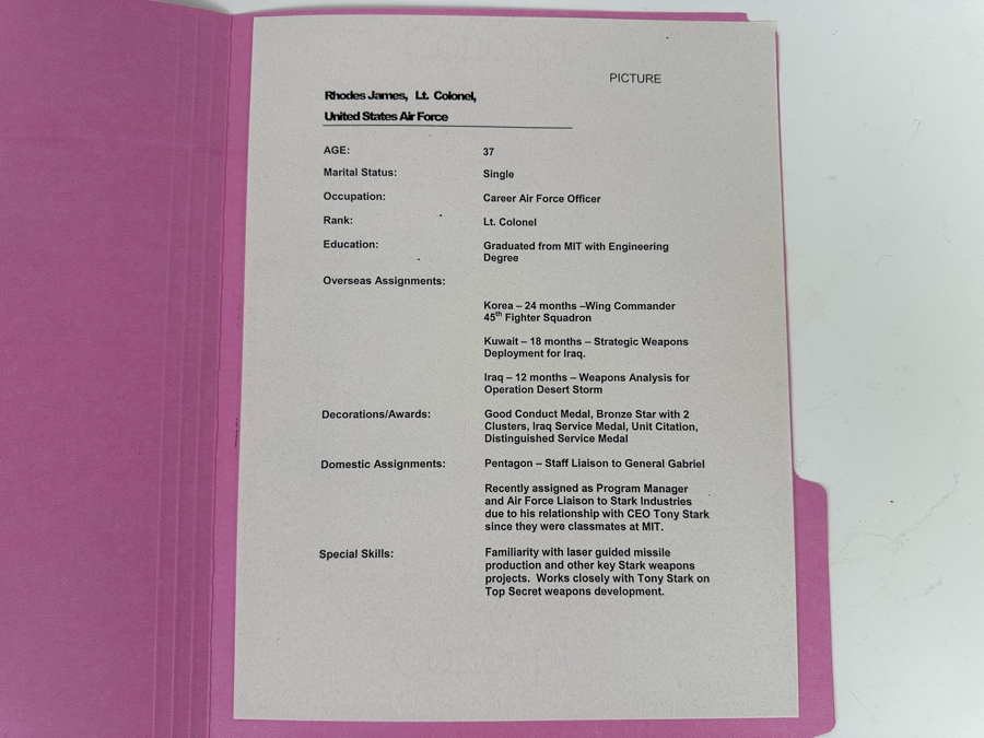 Hand Signed Stan Lee Iron Man Movie Prop: Iron Man Dossier File On Colonel James Rhodes With Cert 9.5 X 11.5 [Photo 8]