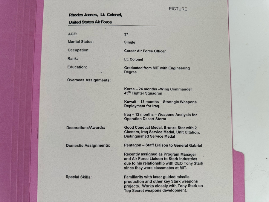 Hand Signed Stan Lee Iron Man Movie Prop: Iron Man Dossier File On Colonel James Rhodes With Cert 9.5 X 11.5 [Photo 9]