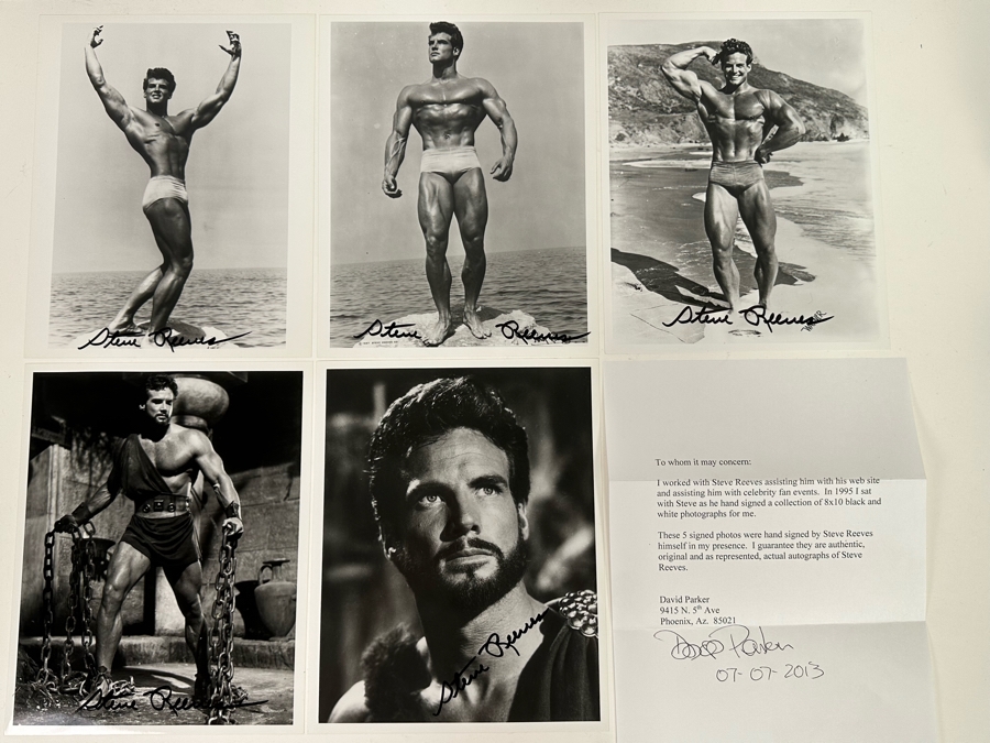 Five Autographed 8 X 10 B&W Photographs Of Movie Star / Bodybuilder Steve Reeves