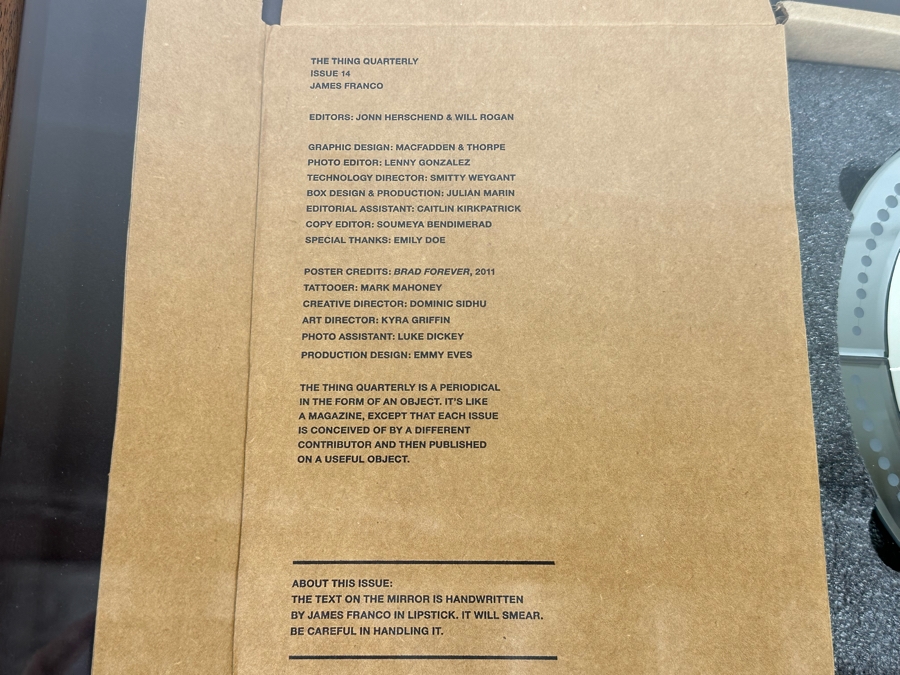 The Thing Quarterly Issue 14 James Franco Hand Signed With Lipstick Mirror 'Brad Forever' (Mirror Is Cracked) Shawdowbox Framed 23W X 27H X 3D [Photo 8]