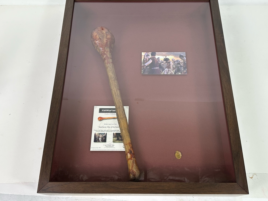 Screen Used Movie Prop Foam Club Used In Filming Spartacus: War Of The Damned With Cert Shadowbox Framed 19.5W X 24.5H X 3D [Photo 15]