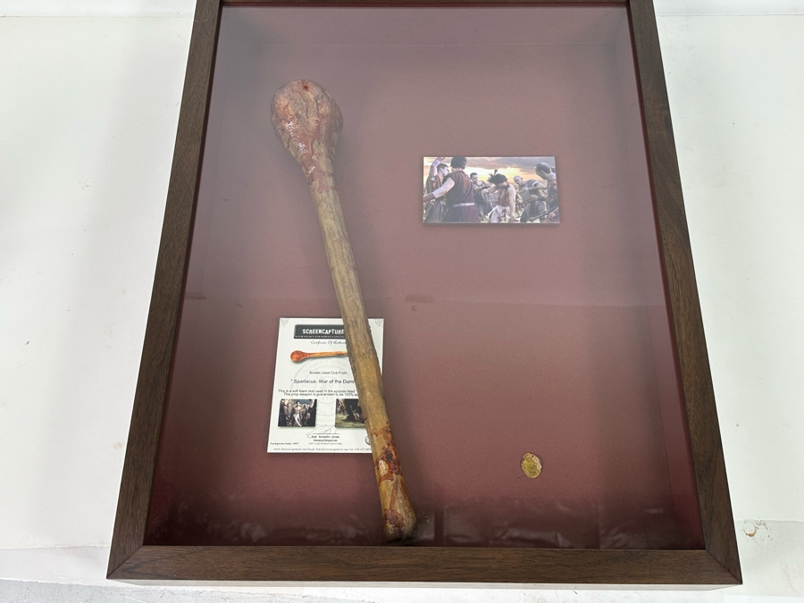 Screen Used Movie Prop Foam Club Used In Filming Spartacus: War Of The Damned With Cert Shadowbox Framed 19.5W X 24.5H X 3D [Photo 16]