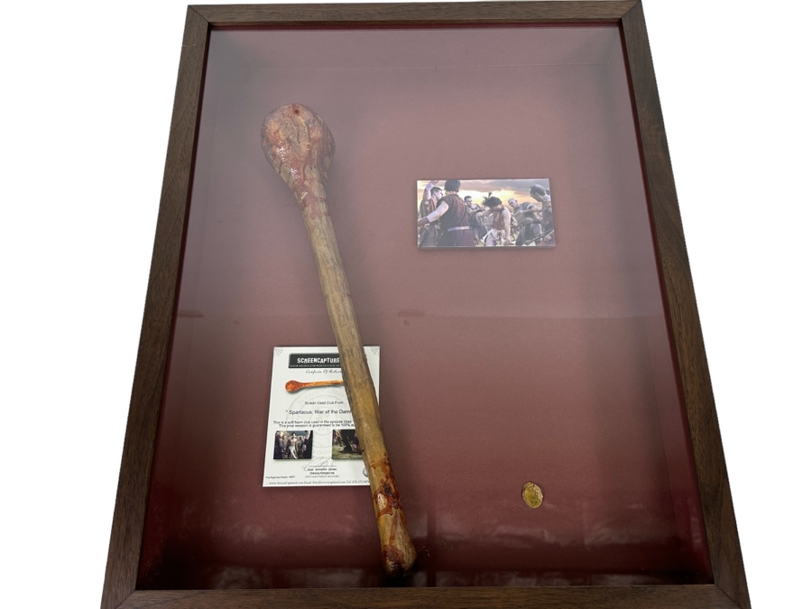 Screen Used Movie Prop Foam Club Used In Filming Spartacus: War Of The Damned With Cert Shadowbox Framed 19.5W X 24.5H X 3D