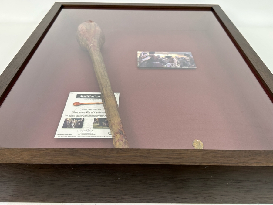 Screen Used Movie Prop Foam Club Used In Filming Spartacus: War Of The Damned With Cert Shadowbox Framed 19.5W X 24.5H X 3D [Photo 17]