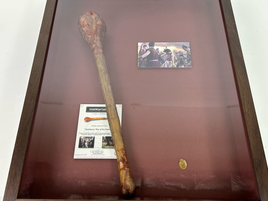 Screen Used Movie Prop Foam Club Used In Filming Spartacus: War Of The Damned With Cert Shadowbox Framed 19.5W X 24.5H X 3D [Photo 2]