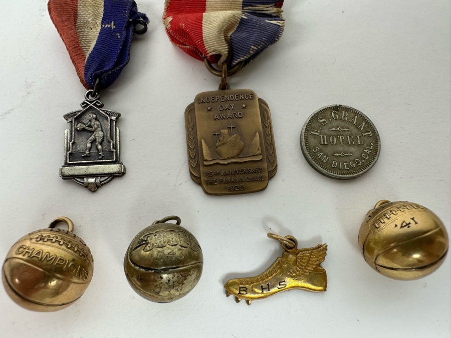 Various Medals And Pendants Including (2) Gold Filled Basketball Pendants, (1) Sterling Silver Basketball Pendant, Sterling Basketball Medal, U.S. Grant Hotel Token - See Photos [Photo 3]