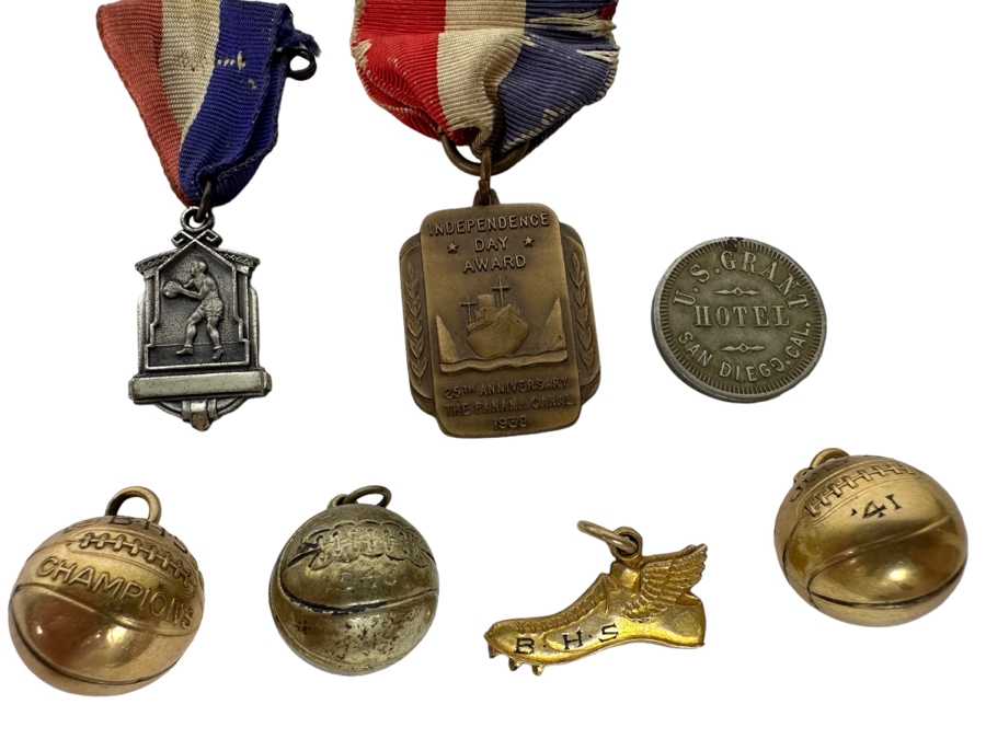 Various Medals And Pendants Including (2) Gold Filled Basketball Pendants, (1) Sterling Silver Basketball Pendant, Sterling Basketball Medal, U.S. Grant Hotel Token - See Photos [Photo 1]