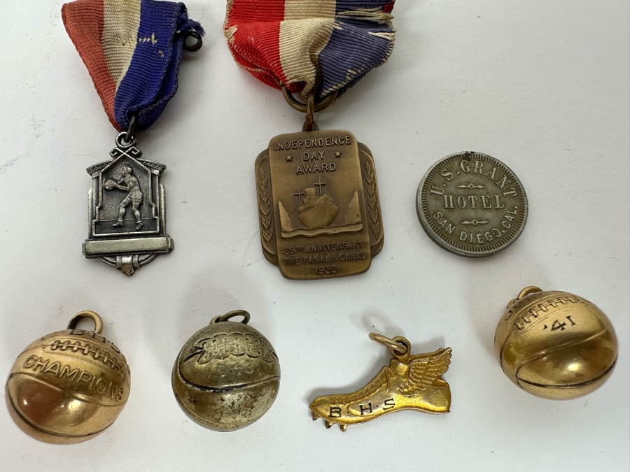 Various Medals And Pendants Including (2) Gold Filled Basketball Pendants, (1) Sterling Silver Basketball Pendant, Sterling Basketball Medal, U.S. Grant Hotel Token - See Photos [Photo 2]
