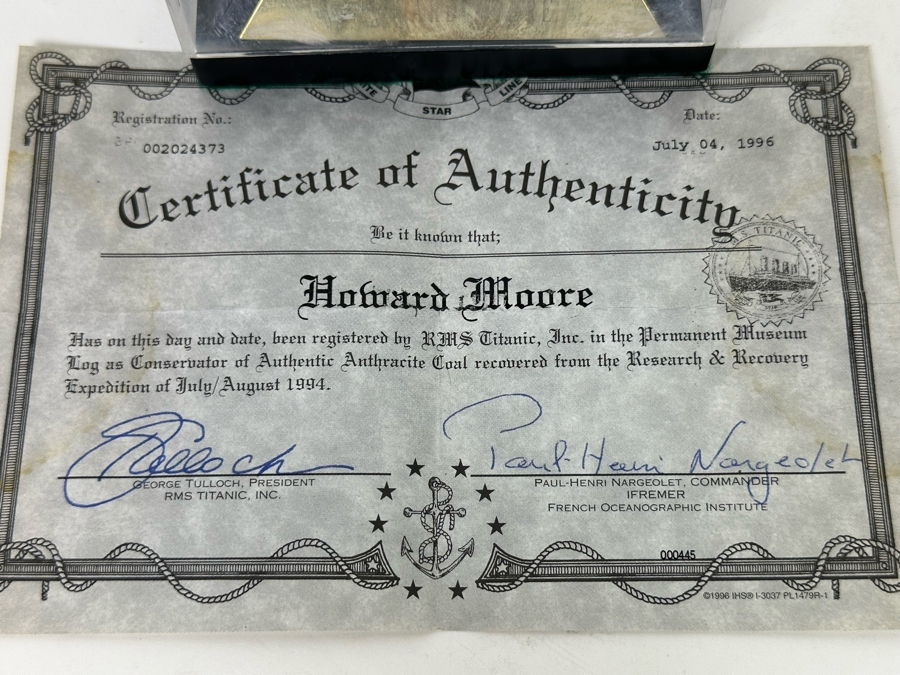 Authentic Anthracite From The 1912 Maiden Voyage Of RMS Titanic With Cert [Photo 7]