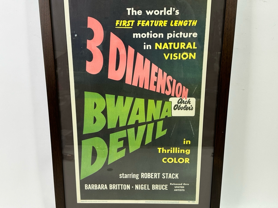 Original 1953 Moview Poster 3 Dimension Bwana Devil United Artists Corporation Framed 18 X 39 [Photo 9]
