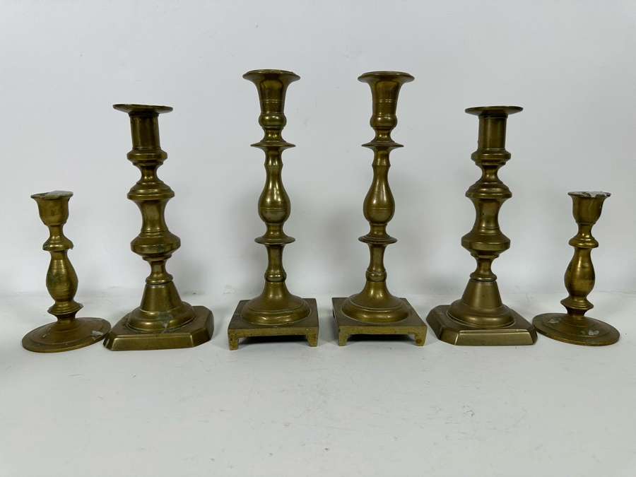 Six Solid Brass Candlesticks 6H To 9.5H [Photo 3]