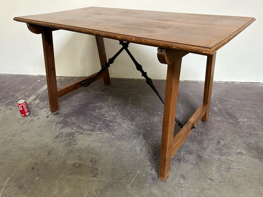 Antique Wooden And Wrought Iron Folding Table 50W X 27D X 28H
