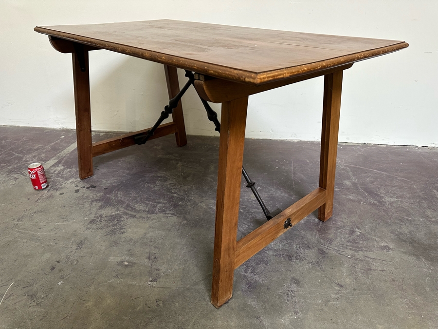 Antique Wooden And Wrought Iron Folding Table 50W X 27D X 28H [Photo 18]