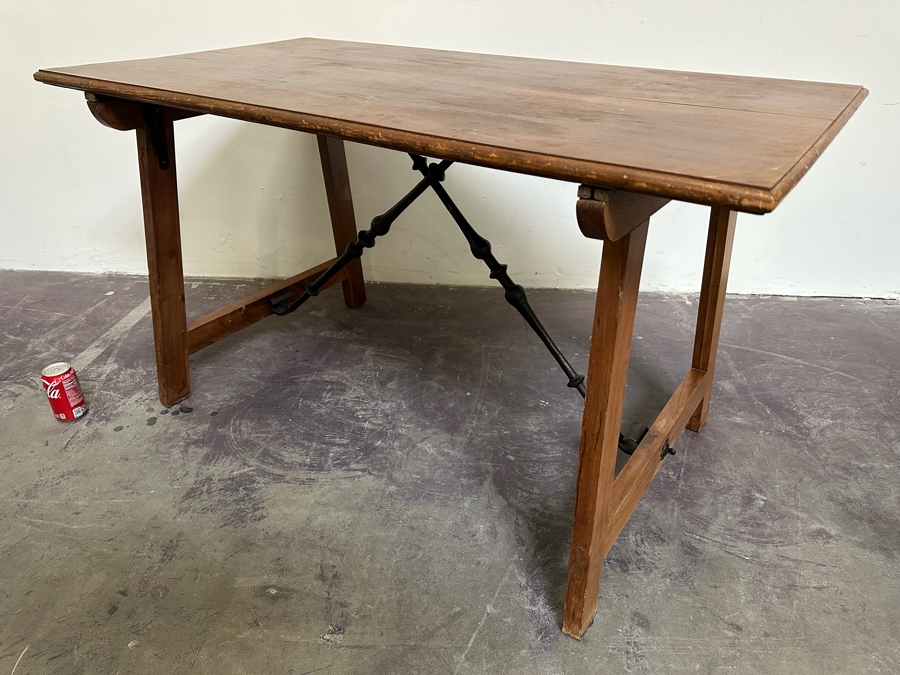 Antique Wooden And Wrought Iron Folding Table 50W X 27D X 28H [Photo 16]