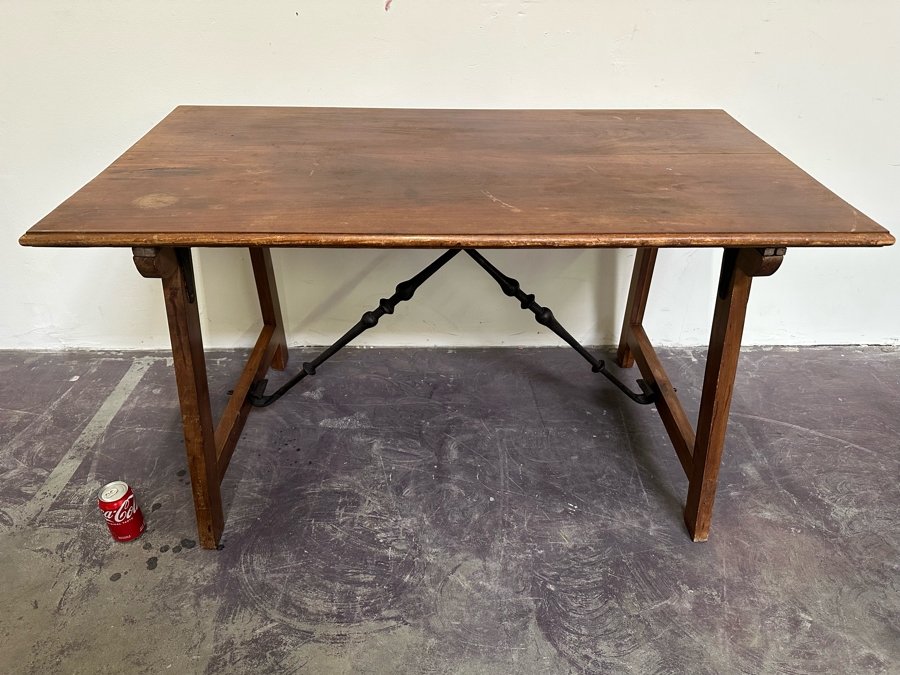 Antique Wooden And Wrought Iron Folding Table 50W X 27D X 28H [Photo 5]