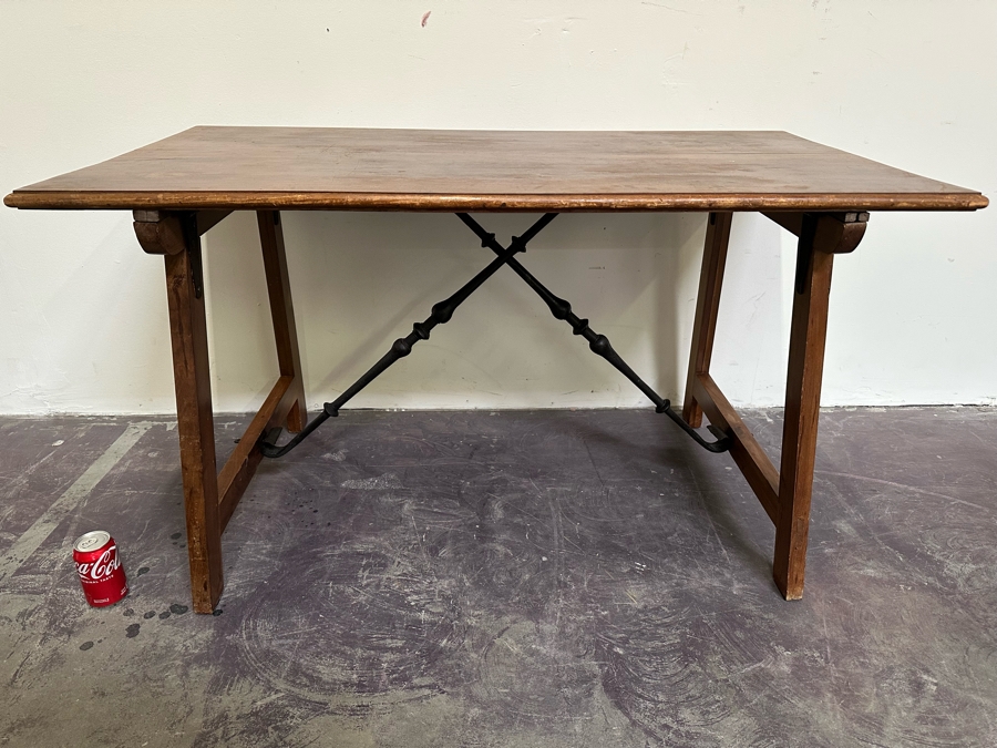 Antique Wooden And Wrought Iron Folding Table 50W X 27D X 28H [Photo 4]