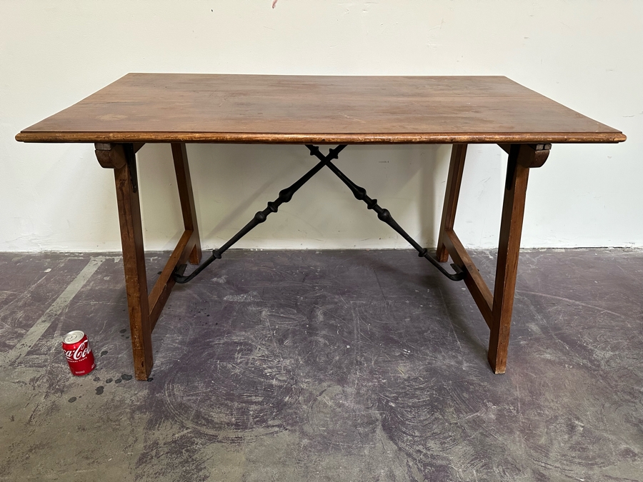 Antique Wooden And Wrought Iron Folding Table 50W X 27D X 28H [Photo 3]