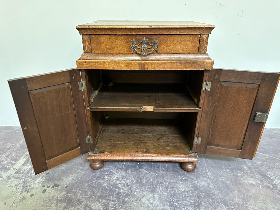 Antique Oak Wooden Cabinet (At One Point This Was A Dutch Renaissance Linen Press - Upper Portion Was Removed) 28W X 19D X 37H [Photo 17]