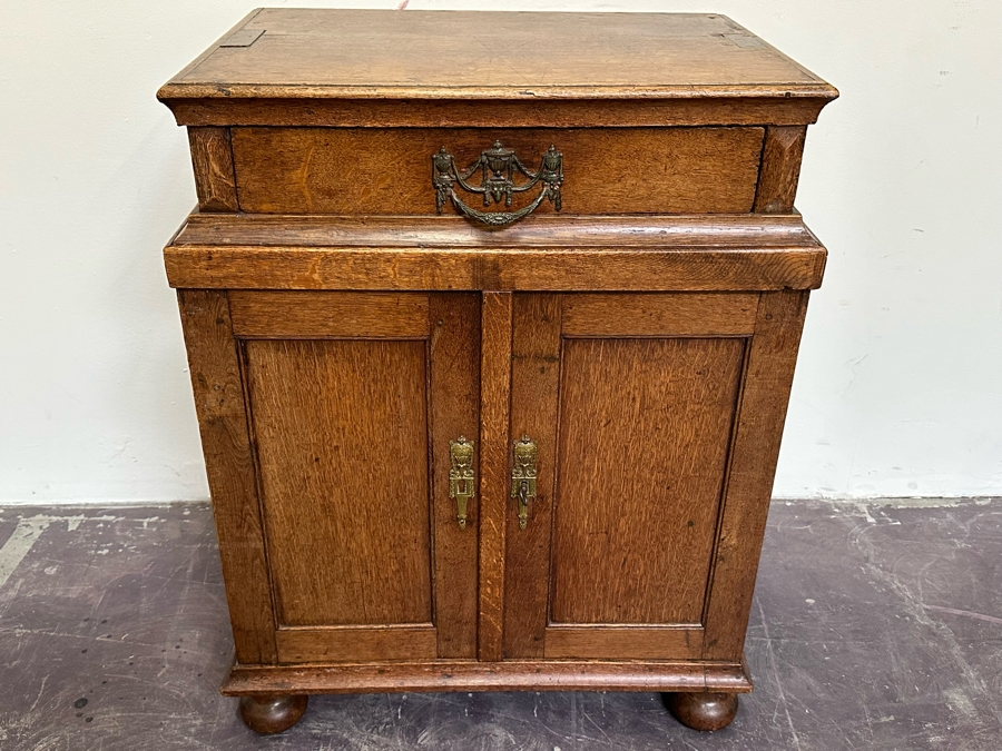 Antique Oak Wooden Cabinet (At One Point This Was A Dutch Renaissance Linen Press - Upper Portion Was Removed) 28W X 19D X 37H [Photo 2]