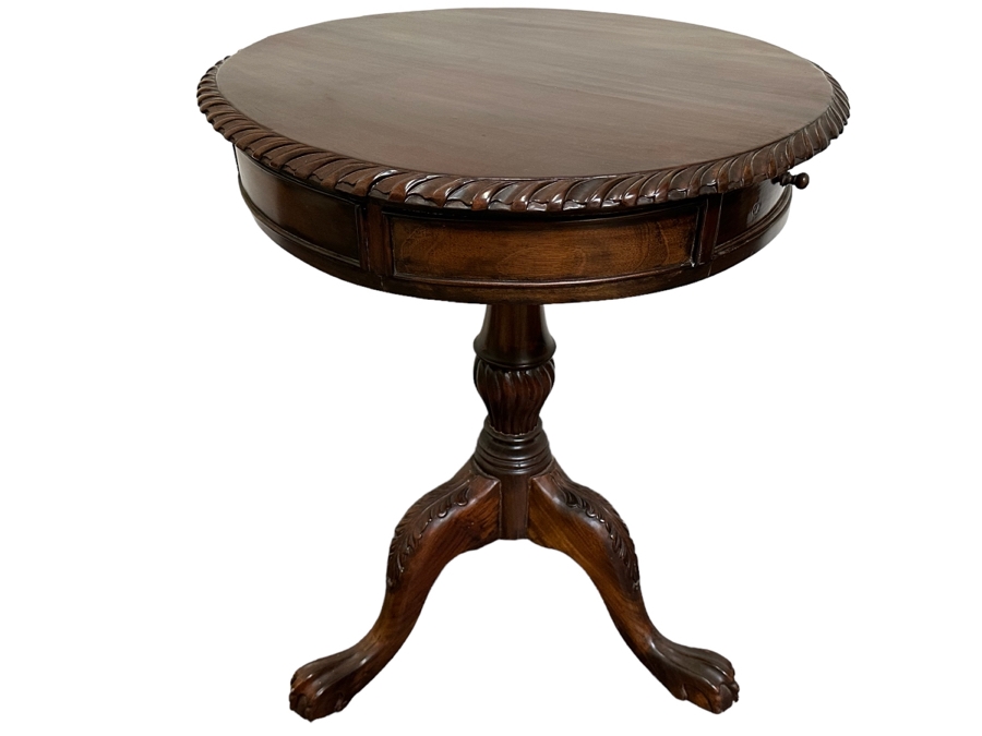Vintage Wooden Tripod Round Side Table With Pair Of Drawers 24W X 29H [Photo 1]